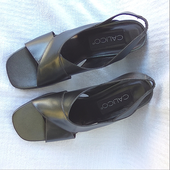 CALICO, leather, 7 1/2 M, Sling back, Open toe, 3" chunky heel, Green metallic - Picture 4 of 4